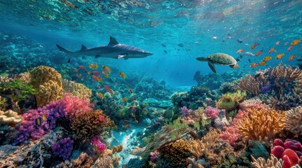 Coral Reef Biodiversity Vibrant Marine Ecosystem with Sharks and Turtle
