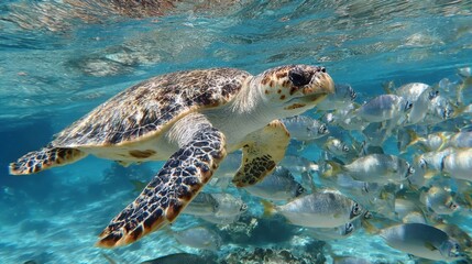 Fototapeta premium Aquatic Turtle Swims Elegantly In A Sea Teeming With Fish