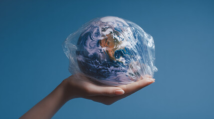 A hand holds a small globe, representing Earth, encased within a transparent plastic bag, against a clear blue background. This image powerfully symbolizes the environmental threat of plastic polluti