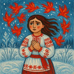 Fototapeta premium Ukrainian Folk Girl and Red Birds
