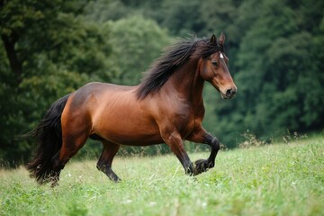 Fototapeta premium A Wild Brown Horse Running Freely Across The Grassy Field