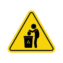 yellow triangular warning sign with person disposing waste in bin