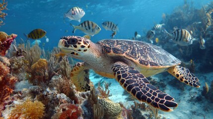 Fototapeta premium A Beautiful Sea Turtle Swimming in a Coral Reef Environment