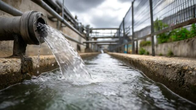 Purified Water: Fresh, clear water cascading from a pipe into a concrete canal, conveying notions of infrastructure, sanitation, and environmental preservation.