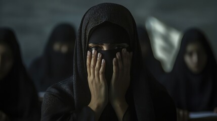 A dramatic, high-contrast photo of a Saudi female university student during an exam, her face partially hidden by her hands or a niqab, expressing deep stress.