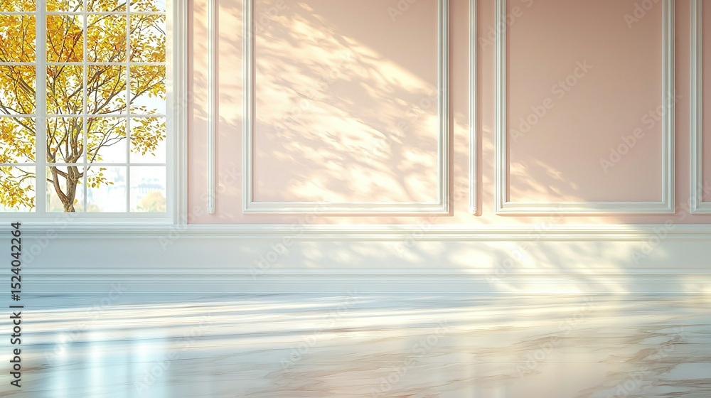 Poster a spacious room featuring a grand window and a lush tree in the adjacent corner, illuminated by the 