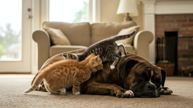 Playful kittens frolic around sleeping dog in cozy living room setting