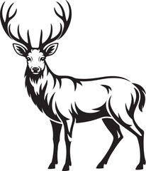 Obraz premium Deer on Mountain Ridge SilhouetteMajestic Stag in Alpine Forest VectorMountain Landscape with Deer SilhouetteWild Deer in Nature Scene ArtAntlered Deer at Sunset Silhouette