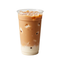 Delicious layered iced coffee drink with creamy caramel topping in a plastic cup. perfect for a refreshing summer treat. designed for social media and advertisements.