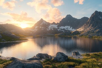 Tranquil Mountain Lake at Sunset with Reflections and Snow-Capped Peaks