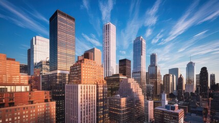 Fototapeta premium Dramatic cityscape view featuring towering buildings against a vivid blue sky