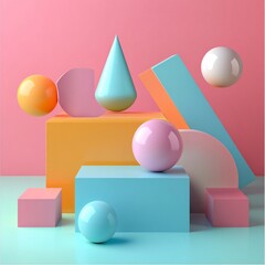 3D Abstract Composition with Floating Pastel Geometric Shapes on Soft Pink Background