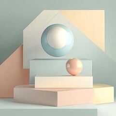3D Rendered Abstract Pastel Geometric Scene with Floating Spheres and Layered Platforms