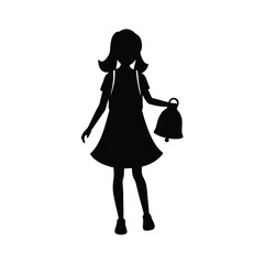 Girl with backpack and school bell vector silhouette  