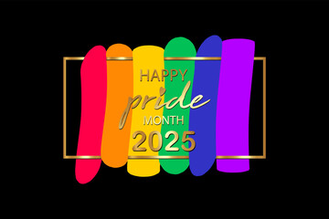 Pride month 2025 logo with rainbow flag. Banner Pride symbol with heart, LGBT, minorities, gays and lesbians. Background Love is love. Template designer sign, icon colorful rainbow isolated on black