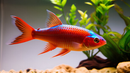Fototapeta premium Brightly colored Flame Tetra (Hyphessobrycon flammeus), a famous and peaceful aquarium pet known for its fiery red hues