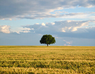 Golden wheat field with a single tree under blue sky and clouds