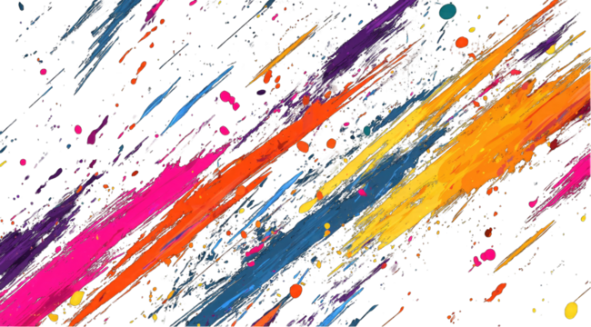 Abstract, vibrant, colorful paint strokes and splatters on a dark background