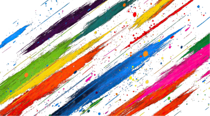 Vibrant diagonal brushstrokes of various colors on a black background, with scattered dots