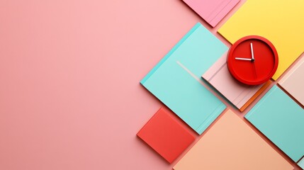 Red clock is placed on colorful books forming a diagonal line on a pink background, symbolizing the back to school season and the importance of time management in education