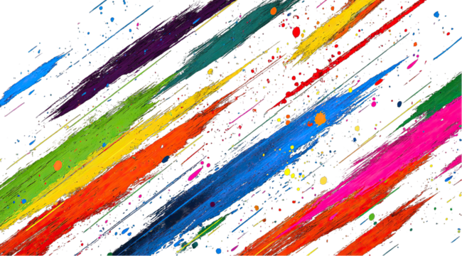 Vibrant diagonal brushstrokes of various colors on a black background, with scattered dots