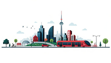 Modern cityscape illustration features seamless network of transportation, including red tram, bicycle, and car, set against skyline of diverse skyscrapers and green spaces