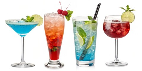 Four colorful refreshing cocktails with garnishes