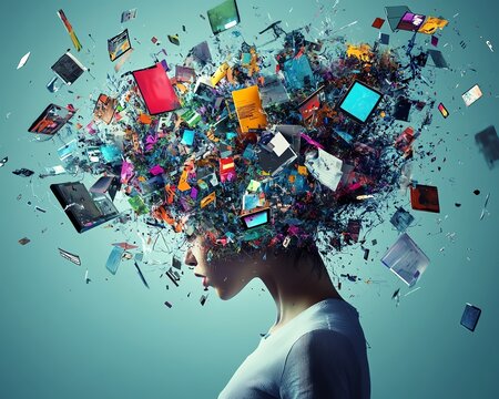 Overwhelming information data explode out of head of young human brain, too much media, too much information, maximalism, news, social media addiction Generative AI image weber