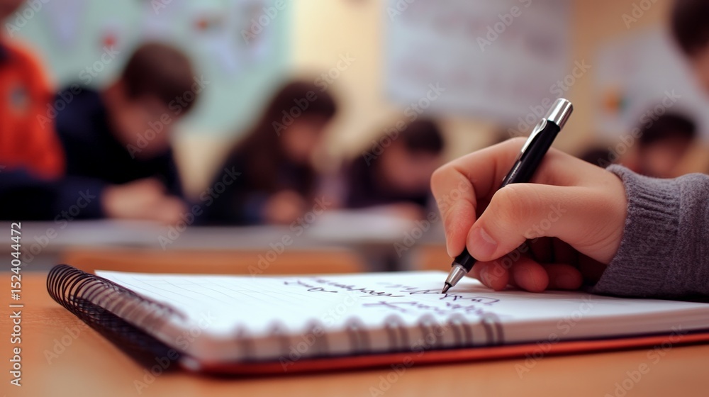 Poster Close up of a student's hand writing in a notebook during class, with blurred classmates in the background, emphasizing individual learning and note taking