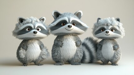 Obraz premium Three cartoon raccoons in a row