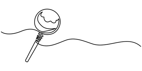 Continuous line drawing of lollipop, spiral hard sugar candy on stick. Vector sketch of round caramel with striped swirls in one black contour isolated on white background, One line Lollypop. Simple. 