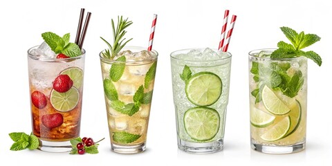 Four refreshing summer cocktails with ice and mint
