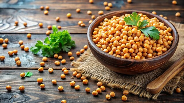 Chickpeas in a rustic bowl with scattered cumin seeds and fresh coriander leaves, meal prep
