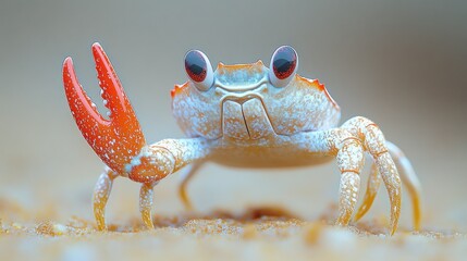 Cute crab, close-up view, walking on sand. Vivid colors, playful expression