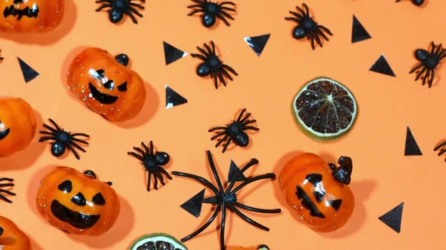 Halloween frame with party decorations of pumpkins, bats, ghosts, spiders on orange background from above. Happy halloween card in flat lay style.