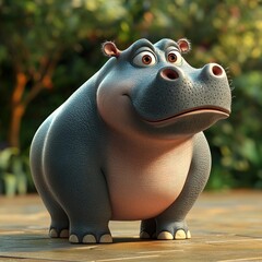 Smiling hippo in a lush garden setting