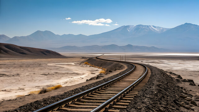 Curved railroad tracks weave through a desolate landscape in La Puna, Argentina, with rugged mountains under a clear blue sky