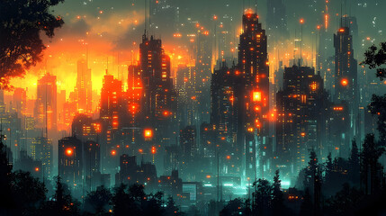 Obraz premium A futuristic city glows with warm orange and blue amidst silhouetted trees in a dynamic scene