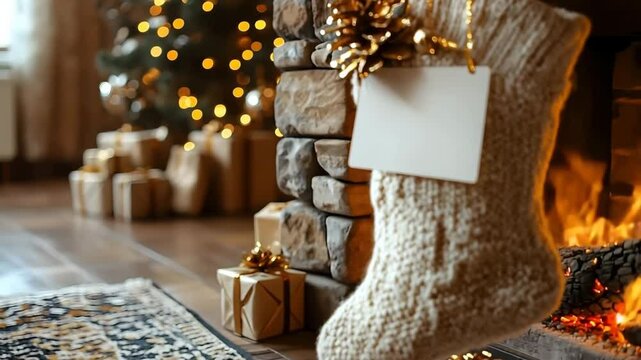 Christmas with a blank white gift card hung by a cozy fireplace
