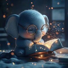 Cute elephant reading a magical book