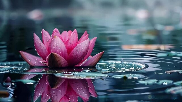 A stunning close-up of a pink lotus flower reflecting on calm water, showcasing delicate petals and serene surroundings. Ideal for nature and tranquility themes.