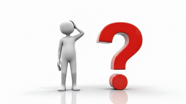 Conceptual 3D illustration of a perplexed figure pondering a question mark, symbolizing uncertainty and decision-making process