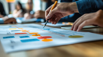 a meeting in progress with employees reviewing a roadmap timeline poster featuring five milestones, startup business setting