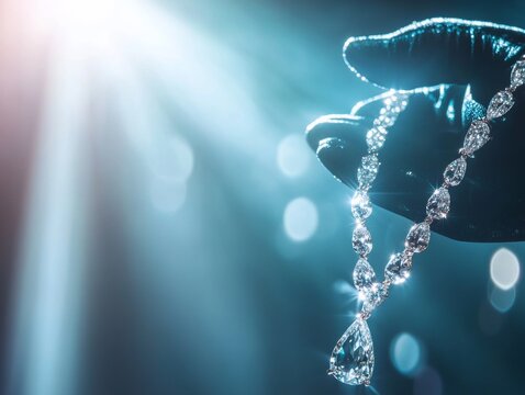 Gloved hand stealing a sparkling diamond necklace from a velvet cushion, suggesting a jewelry heist or theft