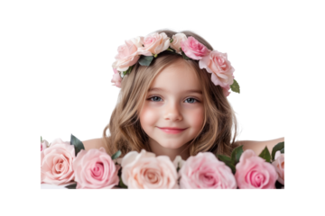 Little Girl with Pink Roses: A charming little girl with long blonde hair smiles sweetly, adorned with a delicate crown of pink roses, surrounded by more blossoms.