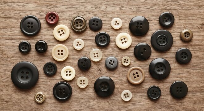 Assorted sewing buttons on wooden table crafting supplies