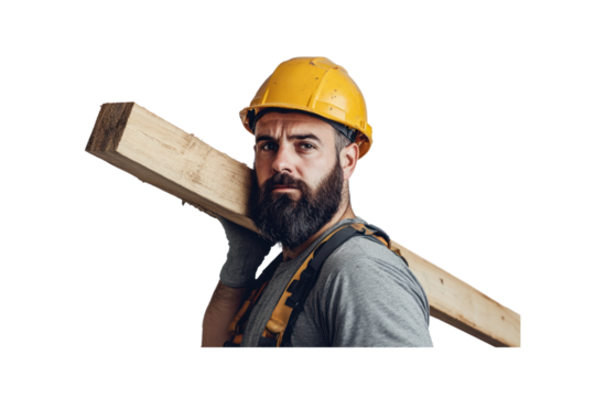 Strong Carpenter: A focused construction worker, a symbol of skilled craftsmanship, confidently carries a long wooden plank, embodying dedication and construction.