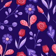 Floral seamless pattern in red and purple tones on dark background. Tulip, rose and cornflower. Vector illustration.