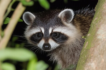 Raccoon exploring in the forest at nighttime
