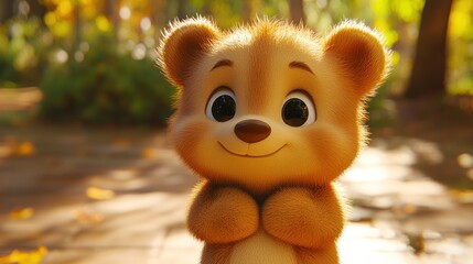 Adorable cartoon bear, autumnal forest setting